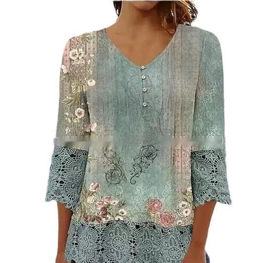 Casual Lace Printed Lace Button Top.