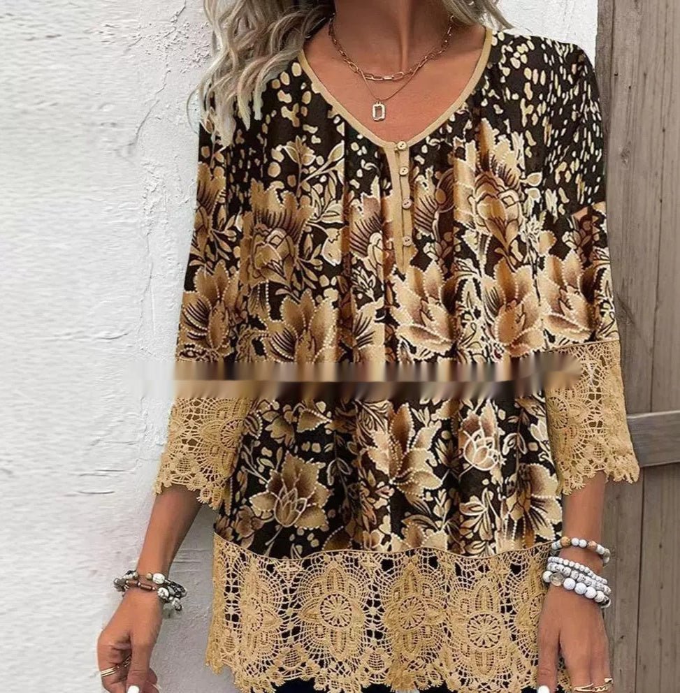 Casual Lace Printed Lace Button Top.