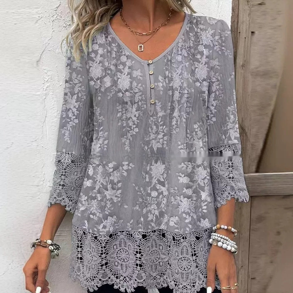 Casual Lace Printed Lace Button Top.