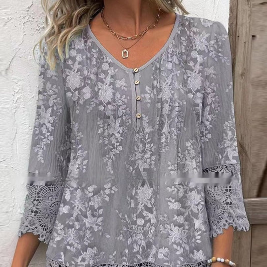 Casual Lace Printed Lace Button Top.