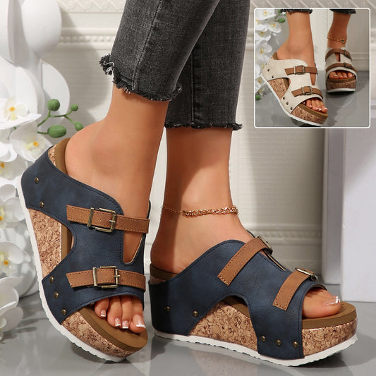 Ins Buckle Wedges Sandals Summer Fish Mouth Thick High Heel Slides Slippers Outdoor Fashion Beach Roman Shoes For Women.