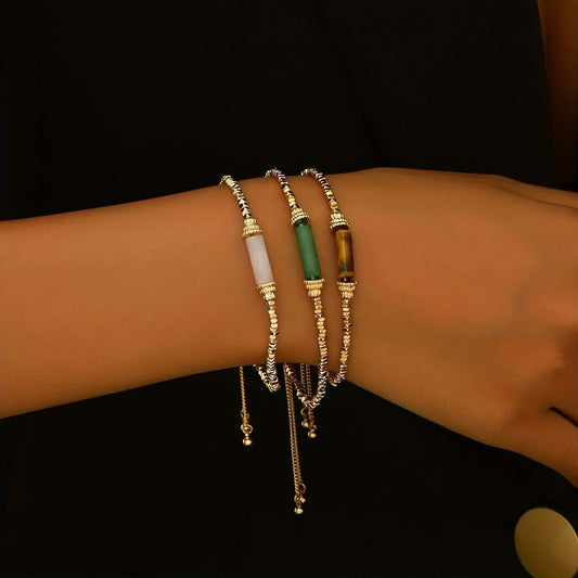 Chic Gold-Tone Beaded Bracelet Set -  Boho Style Stackable Bangles With Colorful Accents.