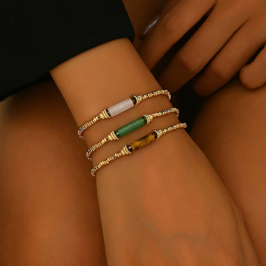 Chic Gold-Tone Beaded Bracelet Set -  Boho Style Stackable Bangles With Colorful Accents.