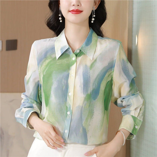 Chinese Ink Painting Style Printed Faux Silk Shirt.