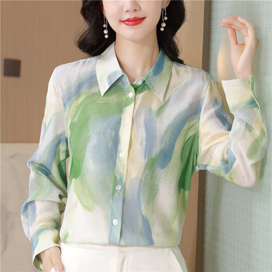 Chinese Ink Painting Style Printed Faux Silk Shirt.