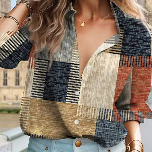 Color Block Button Print Long Sleeve Casual Retro Shirt.