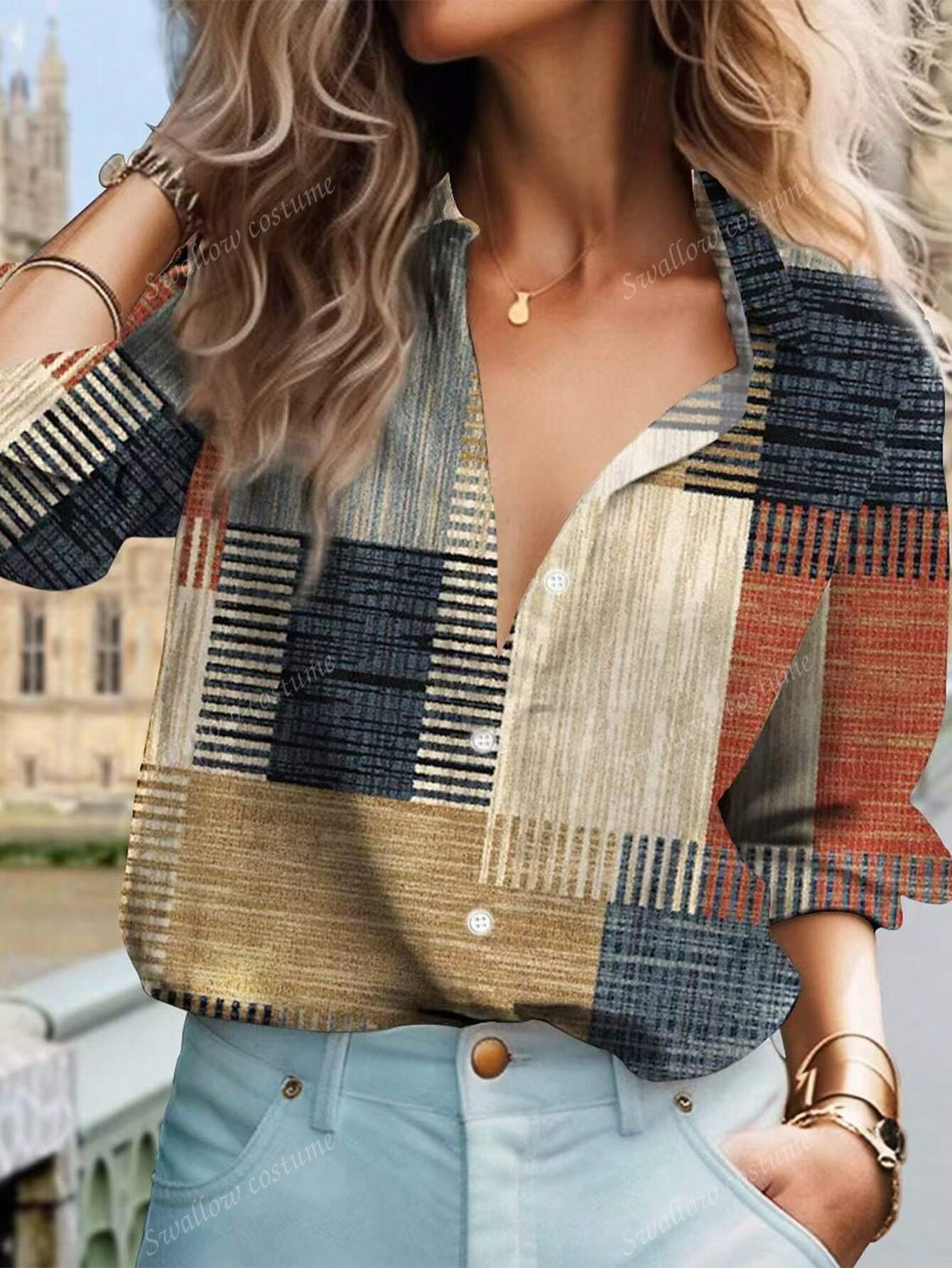 Color Block Button Print Long Sleeve Casual Retro Shirt.