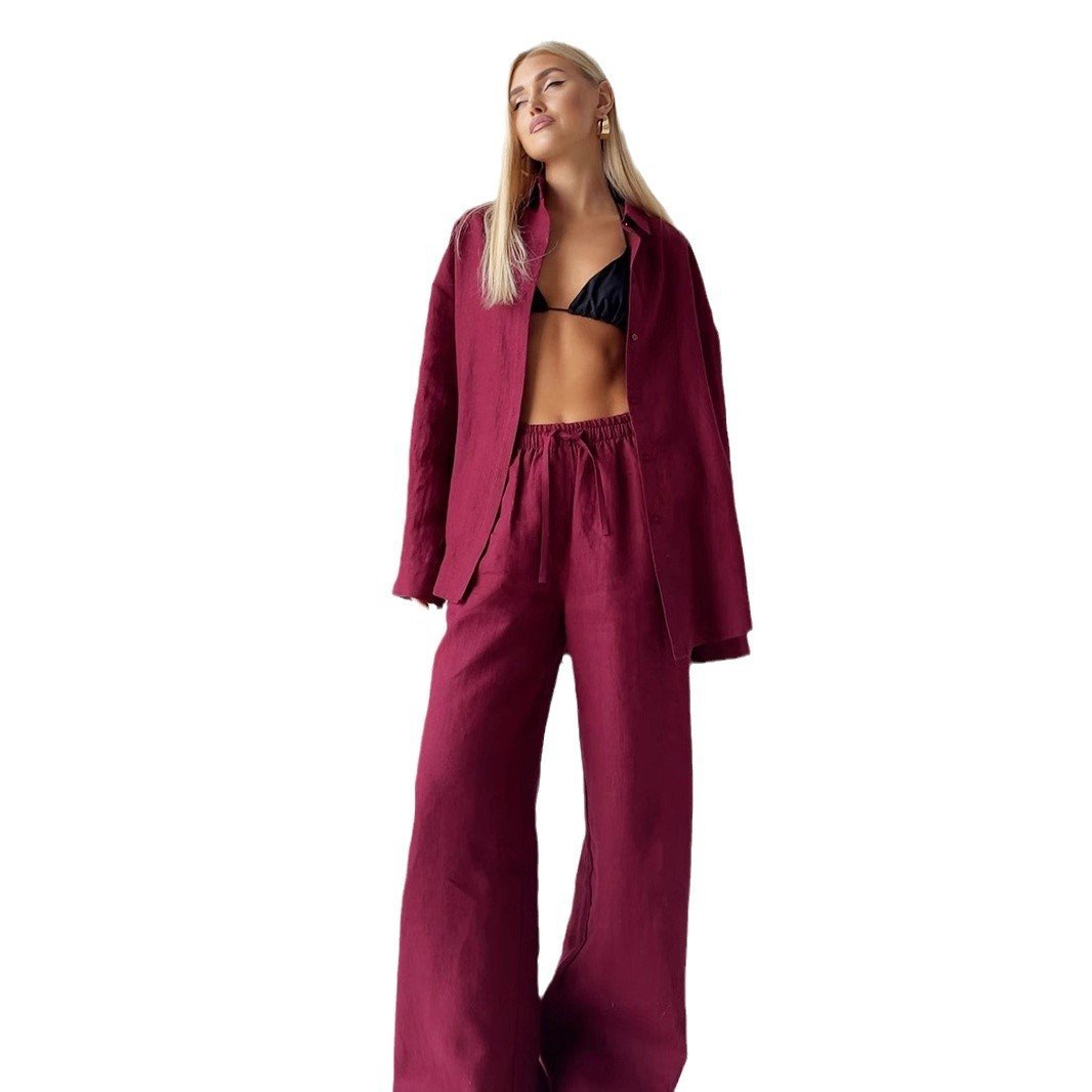 Cotton Shirt Trousers Suit Loose Long Sleeve.