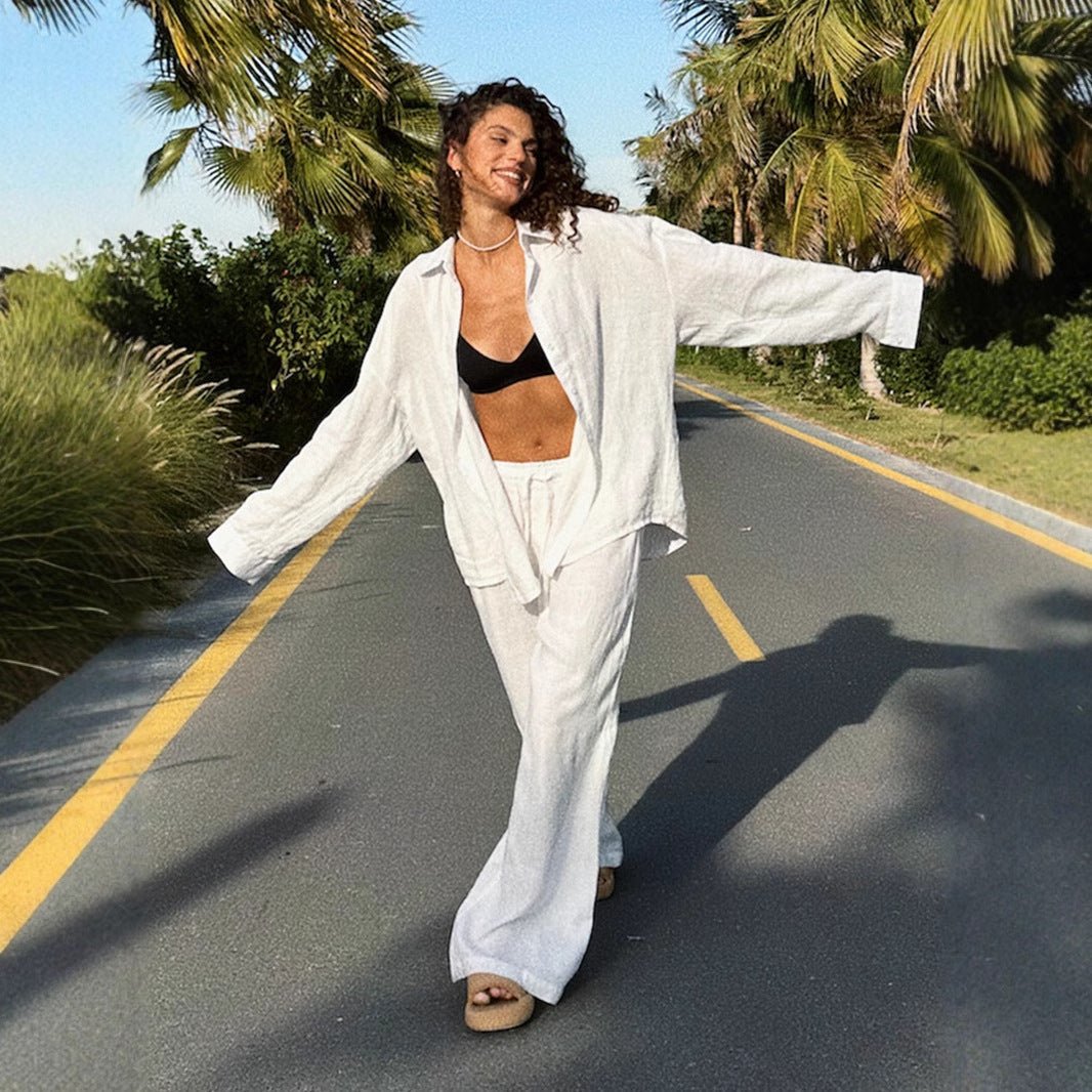 Cotton Shirt Trousers Suit Loose Long Sleeve.