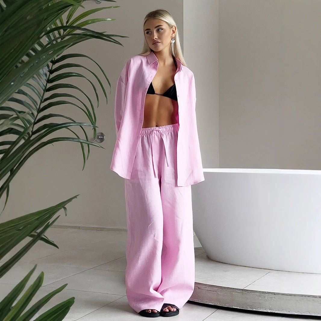 Cotton Shirt Trousers Suit Loose Long Sleeve.
