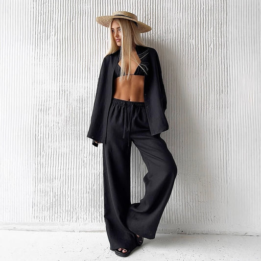 Cotton Shirt Trousers Suit Loose Long Sleeve.