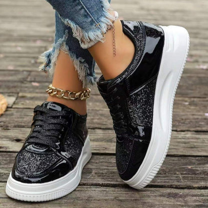 Chaussures plates à lacets tendance avec paillettes, chaussures de sport décontractées à semelle épaisse et bout rond pour femmes, baskets de marche antidérapantes