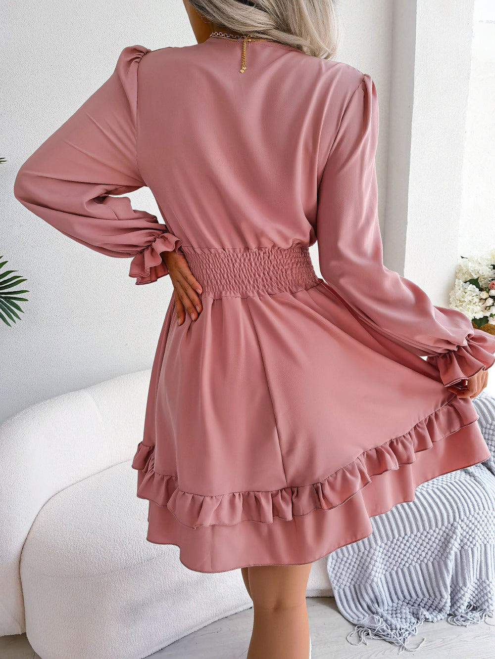 Summer Dresses Solid Color V-neck Long Sleeve Dress For Women Sexy V-neck Lace Up A-line Dress Women's Beach Dress.