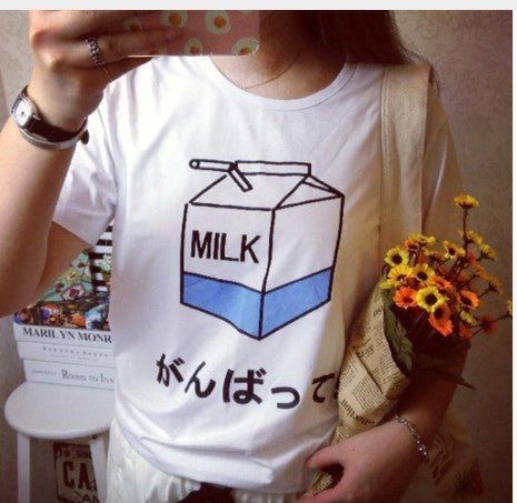 De ModeDe Lait Impression Manches Courtes T-shirts Pour Femmes Casual Femmes.