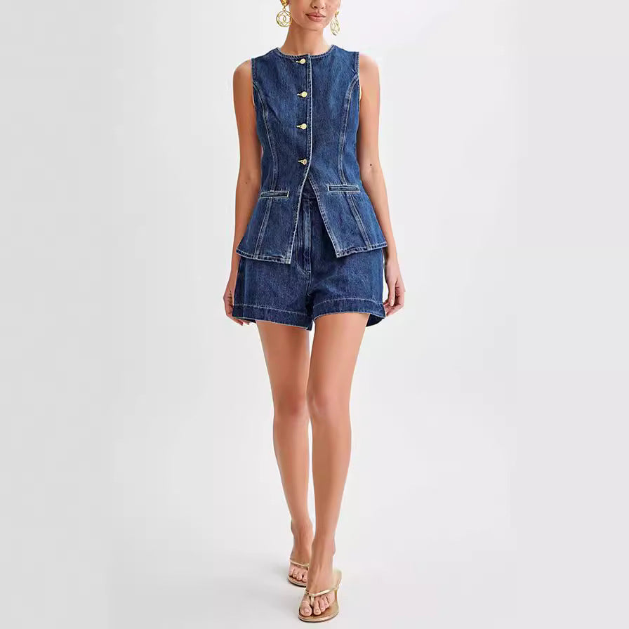 Denim Fashion Casual Sleeveless Women's Suit.