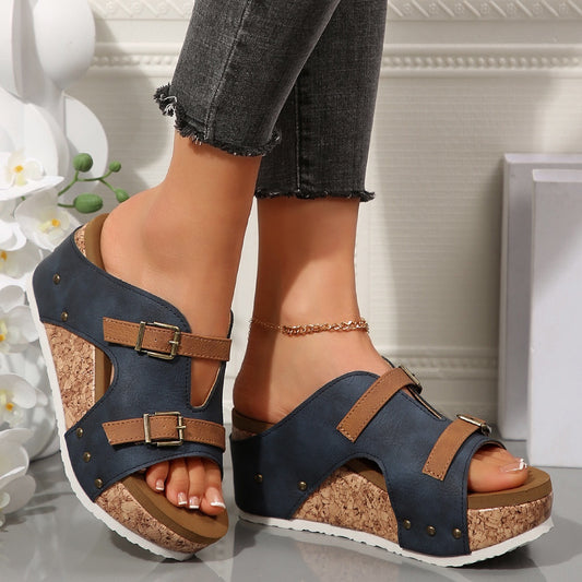 Ins Buckle Wedges Sandals Summer Fish Mouth Thick High Heel Slides Slippers Outdoor Fashion Beach Roman Shoes For Women.