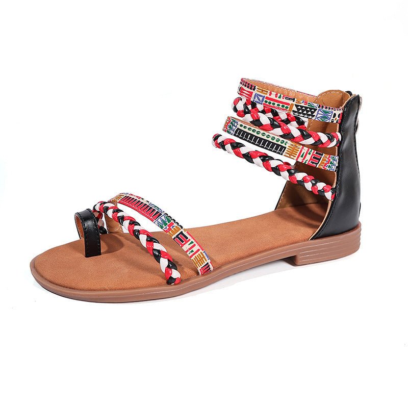 Ethnic Style Colorful Stitching Large Size Flat Bottom Sandals.