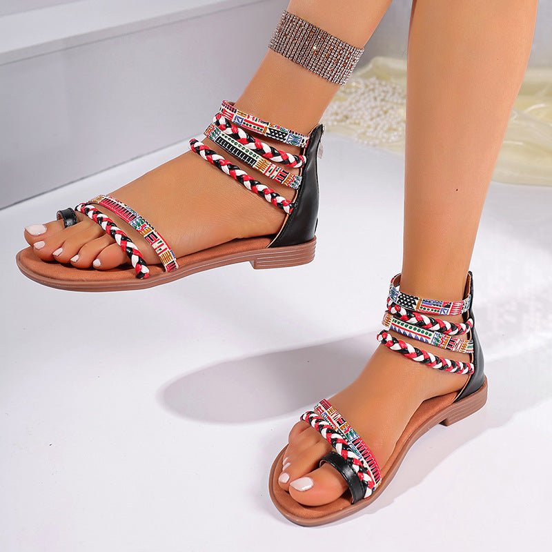 Ethnic Style Colorful Stitching Large Size Flat Bottom Sandals.