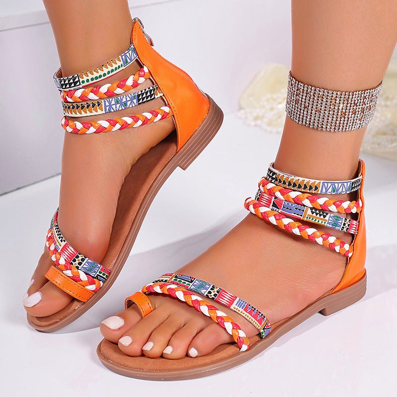 Ethnic Style Colorful Stitching Large Size Flat Bottom Sandals.