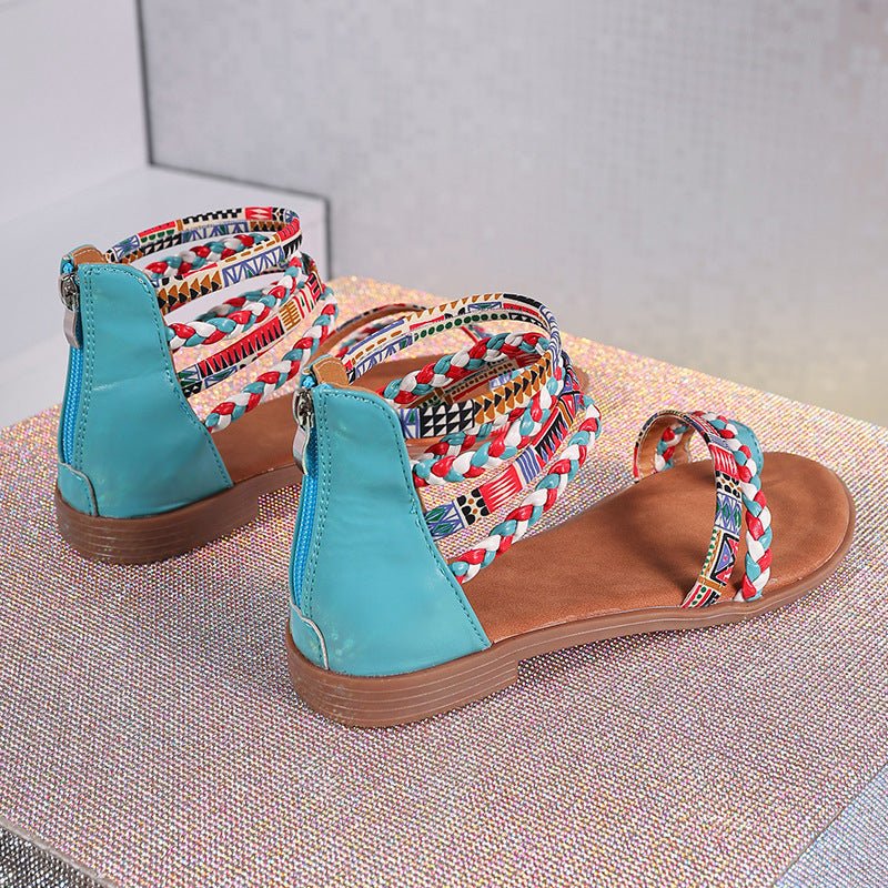 Ethnic Style Colorful Stitching Large Size Flat Bottom Sandals.