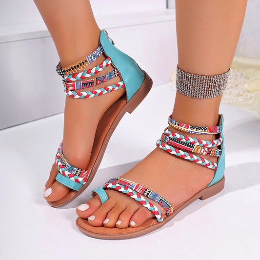 Ethnic Style Colorful Stitching Large Size Flat Bottom Sandals.