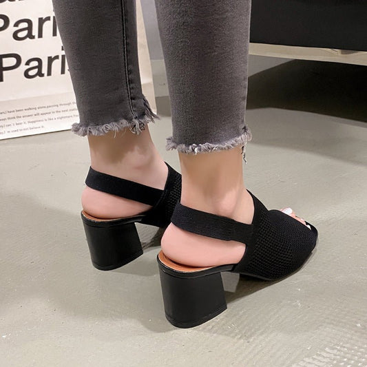 European And American Flying Woven High Heel Chunky Heel Sandals For Women.
