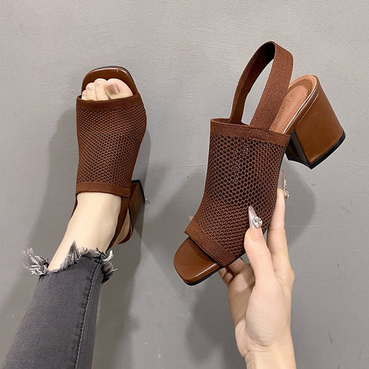 European And American Flying Woven High Heel Chunky Heel Sandals For Women.