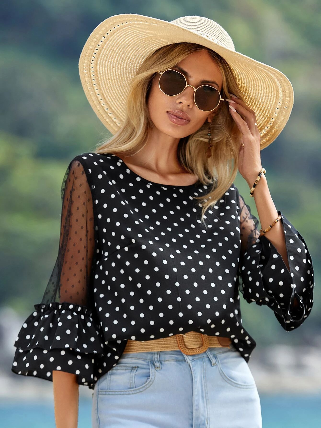 European And American Loose Casual Bell Sleeve Polka Dot Lace Patchwork Round Neck Top.