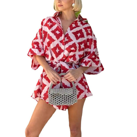 European And American Loose Casual Print Lace-up Jumpsuit Shorts.