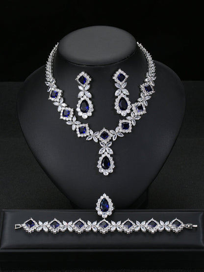 European And American Luxury Zircon Necklace Earring Bracelet Ring Suit.