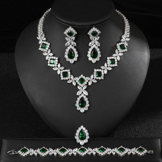 European And American Luxury Zircon Necklace Earring Bracelet Ring Suit.