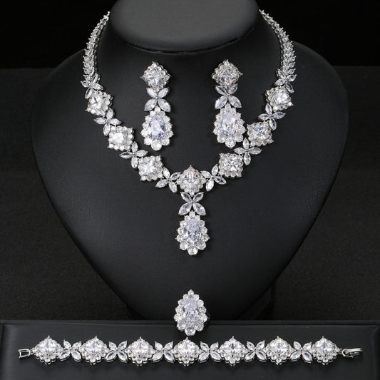 European And American Luxury Zircon Necklace Earring Bracelet Ring Suit.