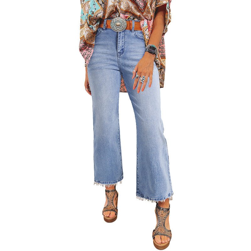 European And American Personalized Washed Frayed Hem Skinny Jeans For Women.
