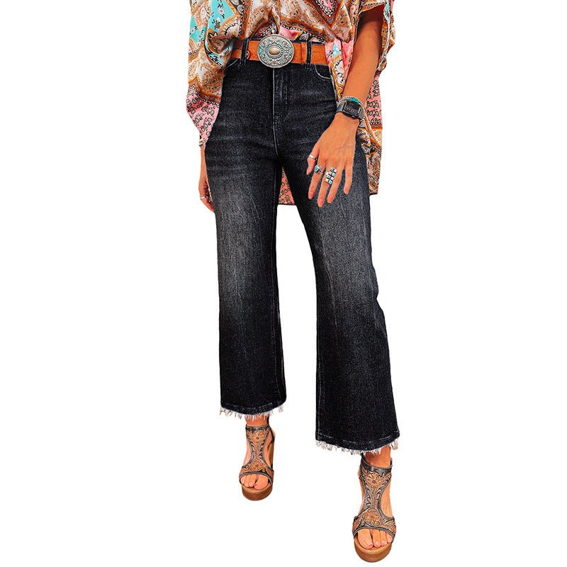European And American Personalized Washed Frayed Hem Skinny Jeans For Women.