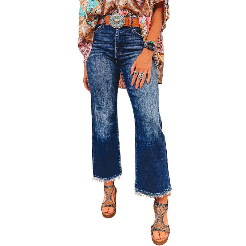 European And American Personalized Washed Frayed Hem Skinny Jeans For Women.