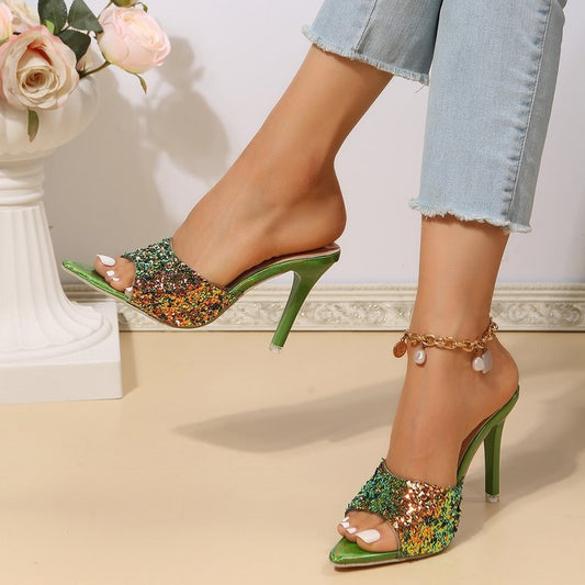 European And American Style Sequin High Heels Sandals.