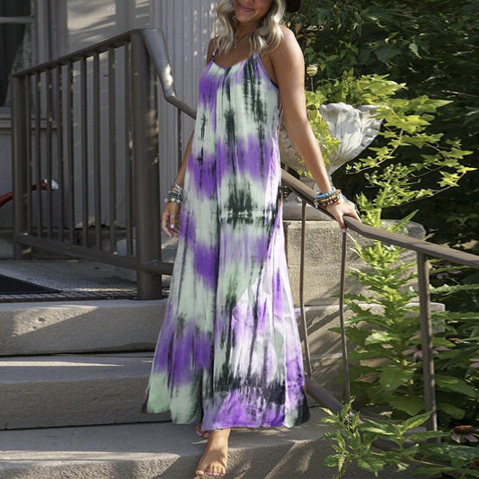 European And American Tie-dye Striped Printing Slip Plus Size Dress.