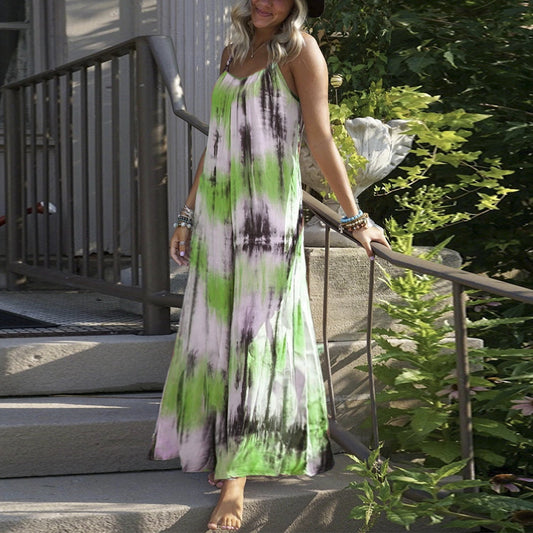European And American Tie-dye Striped Printing Slip Plus Size Dress.