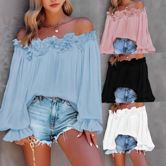 Casual Blouses Shoulder Off-Shoulder Long Sleeve Top Lotus Leaf Sleeve Shirt Loose Women's Clothing.