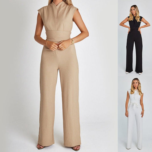 Fashion Elegant Long Sleeveless Jumpsuit Summer V-neck Casual Wide Leg Long Overalls Clothing For Women.