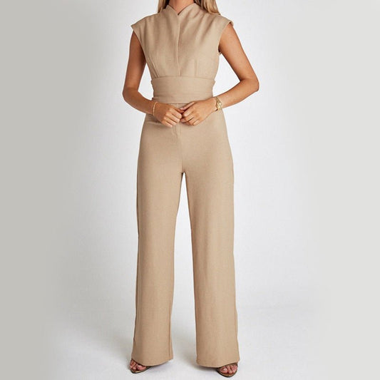Fashion Elegant Long Sleeveless Jumpsuit Summer V-neck Casual Wide Leg Long Overalls Clothing For Women.