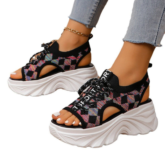 Fashion Hollowed-out Mid Heel Mesh Women's Sports Style Soft Back Thick Back Sandals.