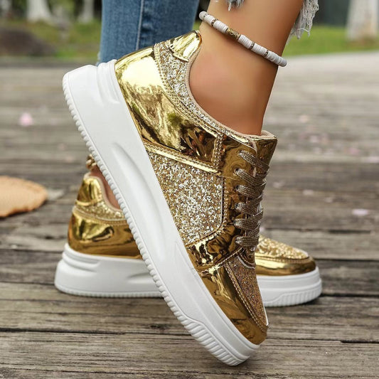 Fashion Lace-up Flat Shoes With Sequin Design Casual Sports Thick Bottom Round Toe Shoes For Women Non-slip Walking Sneakers.