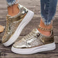Fashion Lace-up Flat Shoes With Sequin Design Casual Sports Thick Bottom Round Toe Shoes For Women Non-slip Walking Sneakers.