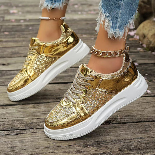 Fashion Lace-up Flat Shoes With Sequin Design Casual Sports Thick Bottom Round Toe Shoes For Women Non-slip Walking Sneakers.