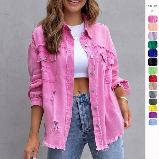 Fashion Ripped Shirt Jacket Female Autumn And Spring Casual Tops Womens Clothing.