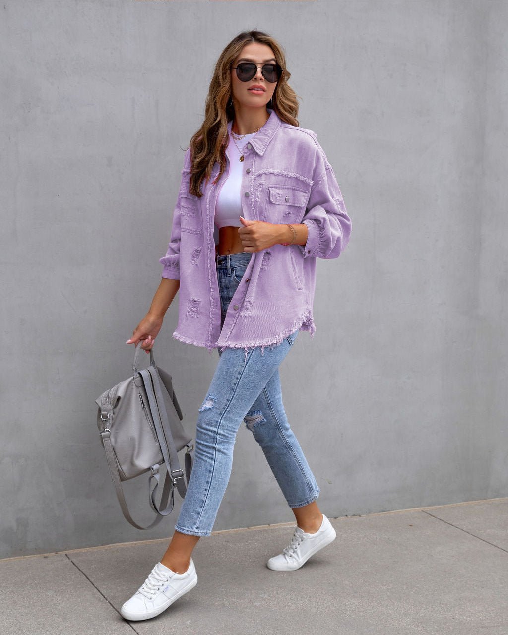 Fashion Ripped Shirt Jacket Female Autumn And Spring Casual Tops Womens Clothing.