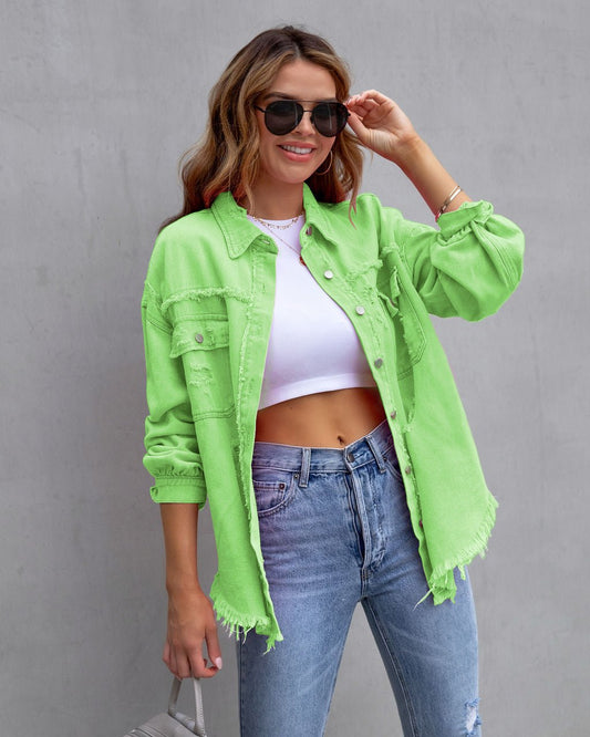 Fashion Ripped Shirt Jacket Female Autumn And Spring Casual Tops Womens Clothing.