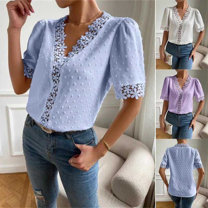 Floral Lace Short Sleeve Shirt Summer Fashion V-Neck Tops Women's Clothing.