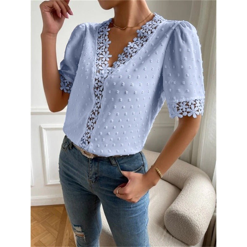 Floral Lace Short Sleeve Shirt Summer Fashion V-Neck Tops Women's Clothing.